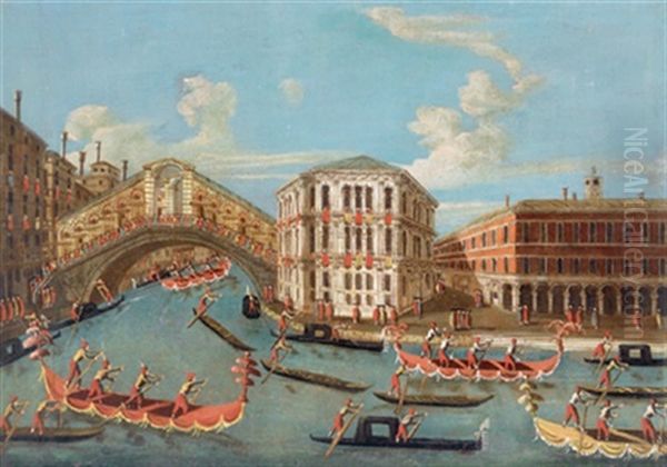 Regatta, Festlich Geschmuckte Gondeln Auf Dem Canal Grande Zur Rialtobrucke Und Zum Palazzo Dei Camerlenghi In Venedig, Regata Sul Canal Grande, Verso Il Ponte Di Rialto E Il Palazzo Dei Camerlenghi, Oil Painting by Gabriel Bella