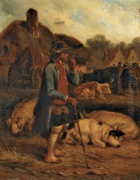 Scene De Marche, Fumeur De Pipe Et Ses Cochons Oil Painting by Hippolyte Bellange