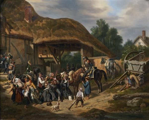 Soldats Sortant D'une Auberge Oil Painting by Hippolyte Bellange