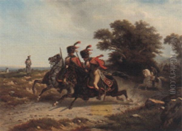 Hussards Escortant Napoleon Oil Painting by Hippolyte Bellange