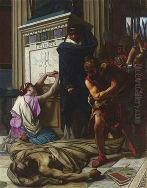 The Death Of Demosthenes In The Temple Of Poseidon Oil Painting by Camille Felix Bellanger