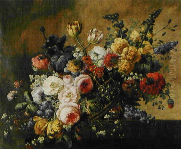 Corbeille De Fleurs Sur Un Entablement Oil Painting by Michel Bruno Bellanger