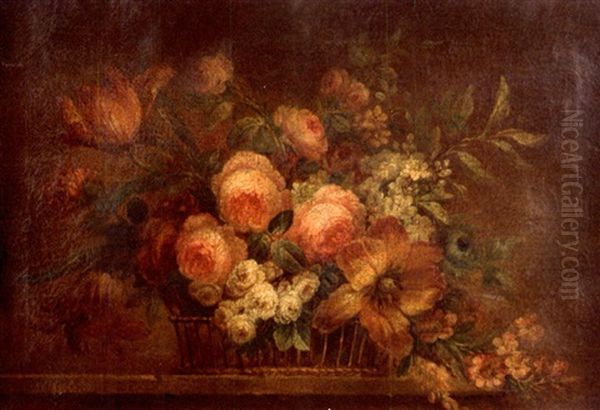 Corbeille De Fleurs (+ Another, Similar; Pair) Oil Painting by Michel Bruno Bellanger