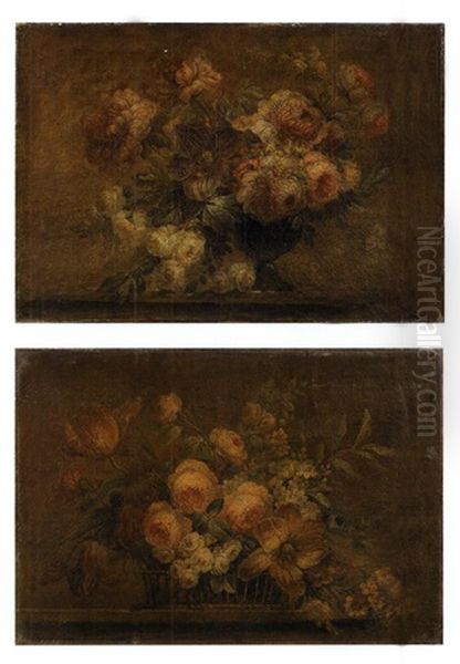 Corbeille De Fleurs (+ Another, Similar; Pair) Oil Painting by Michel Bruno Bellanger