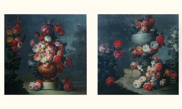 Bouquet De Fleurs Sur Un Entablement (+ Another; Pair) Oil Painting by Michel Bruno Bellanger