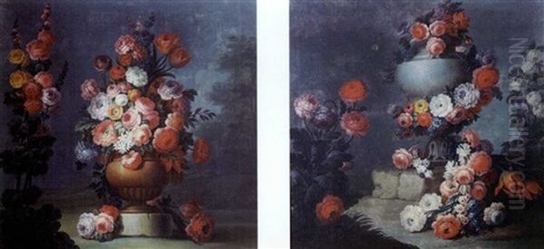 Bouquet De Fleurs Sur Un Entablement (+ Another, Similar; Pair) Oil Painting by Michel Bruno Bellanger