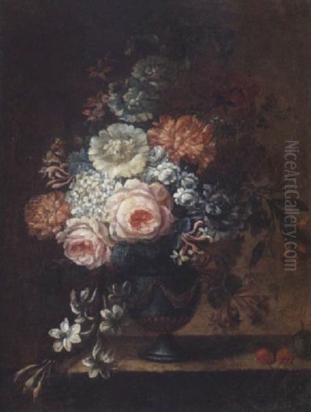 Nature Morte Au Vase De Fleurs Sur Un Entablement Oil Painting by Michel Bruno Bellanger