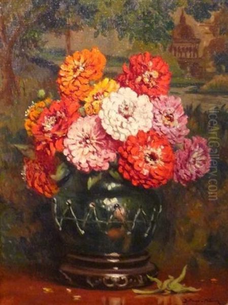 Bouquet De Zinnias Oil Painting by Paul Bellanger-Adhemar