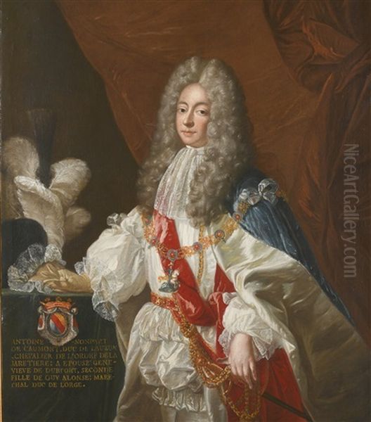 Portrait Of Antoine Nompar De Caumont, Duke Of Lauzun, Three-quarter-length, Wearing The Order Of Saint George, Before A Red Curtain Oil Painting by Alexis-Simon Belle