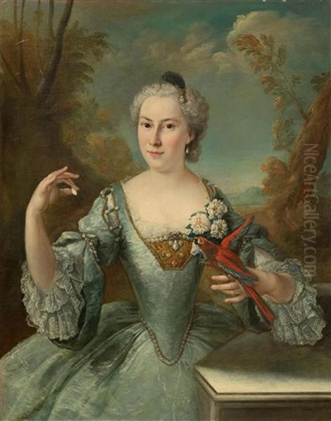 Portrait Of A Lady, With A Parrot, In A Landscape Oil Painting by Alexis-Simon Belle