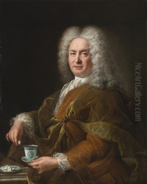 Portrait Of A Gentleman Holding A Cup Of Chocolate Oil Painting by Alexis-Simon Belle