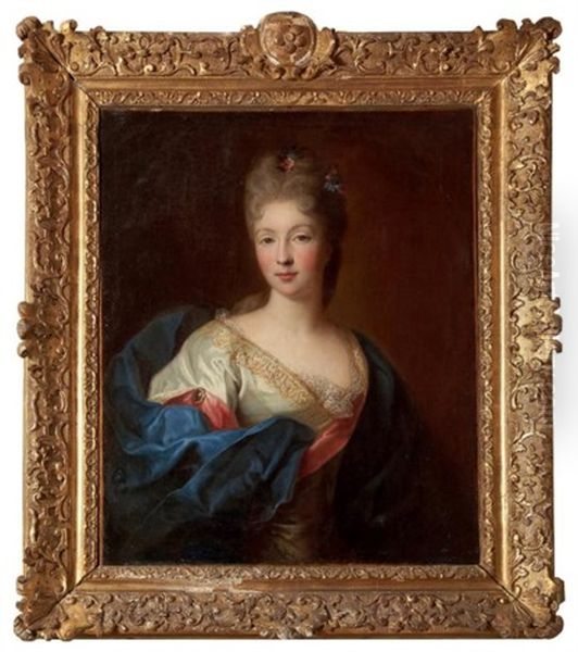 Portrait De Femme Au Corsage De Dentelle Et Manteau Bleu Oil Painting by Alexis-Simon Belle