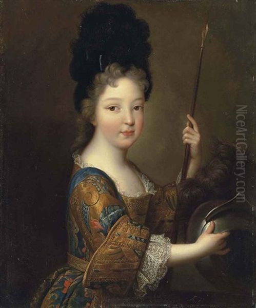 Portrait Of A Boy As Mars In A Richly Embroidered Dress And Black Feather Headdress, Holding A Spear And A Helmet Oil Painting by Alexis-Simon Belle