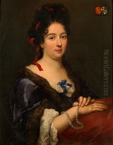 Portrait Of A Lady, In A Blue Satin Dress With Fur Trimmings Holding A Necklace Oil Painting by Alexis-Simon Belle