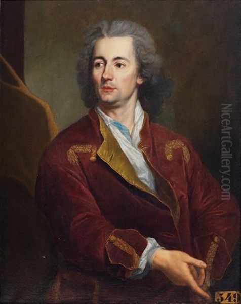 Portrait D'homme En Buste, Veste Rouge Et Brodee, Le Col Ouvert Oil Painting by Alexis-Simon Belle