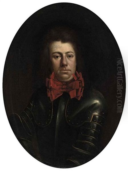 Portrait Of A Gentleman In Armor And Red Scarf Oil Painting by Alexis-Simon Belle