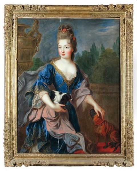 Portrait D'une Princesse De La Maison De France Sur La Terrasse D'un Jardin Avec Ses Deux Chiens Oil Painting by Alexis-Simon Belle