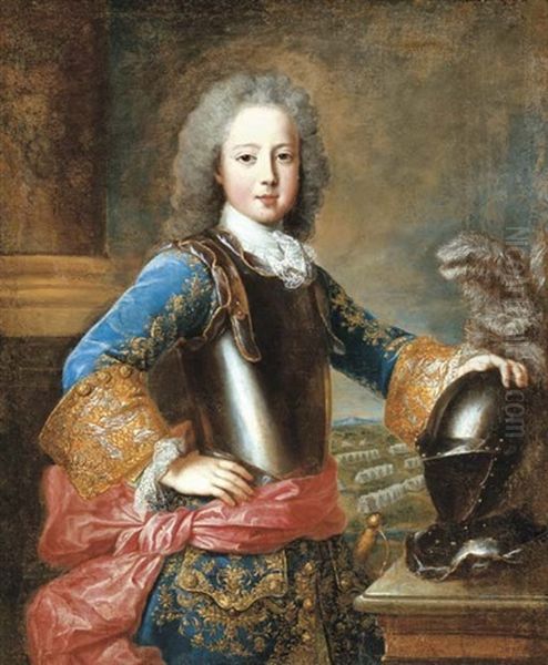 Portrait Of A Nobleman, Charles-alexandre, Duc De Lorraine (?), Standing Half-length, Beside A Table, His Left Hand Resting On A Plumed Helmet, A Battlefield Beyond Oil Painting by Alexis-Simon Belle