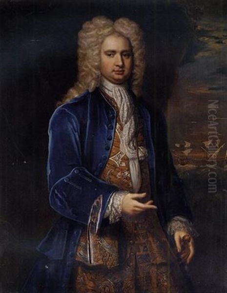 Portrait Of Captain Hercules Baker In A Blue Velvet Coat, A Gold And Silver Embroidered Waistcoat And Lace Cravat, An English Man-o'-war Ship In A Swell Beyond Oil Painting by Alexis-Simon Belle