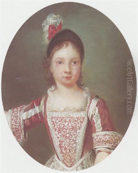 Portrait Of A Boy (james Edward Stuart?) Wearing Elaborately Embroidered Red Dress Charged Upper Left With The Sitter's Coat Of Arms Oil Painting by Alexis-Simon Belle