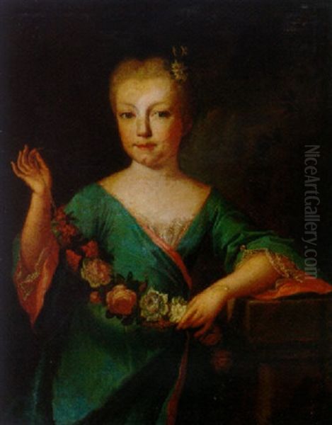 Portrait Of A Young Lady In A Blue Dress With Lace Trim, Holding A Garland Of Flowers Oil Painting by Alexis-Simon Belle