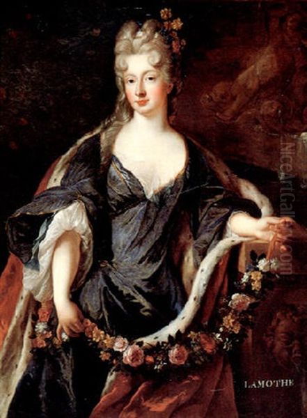 Portrait Of (princess Conti?) In A Blue Taffeta Dress And An Ermine Coat Oil Painting by Alexis-Simon Belle