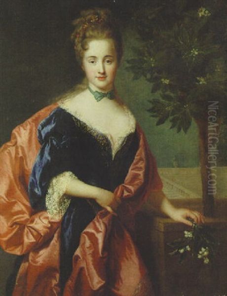 Portrait Of A Lady, Beside An Orange Tree, Holding A Sprig Of Orange Blossom, A Formal Garden Beyond Oil Painting by Alexis-Simon Belle