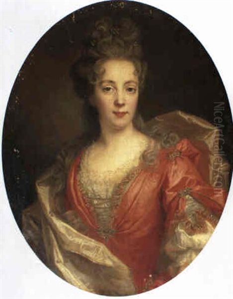 A Portrait Of A Lady, Half Length, Wearing A Red Gown       Trimmed With Gold Braid And Lace With A Golden Cloak Oil Painting by Alexis-Simon Belle