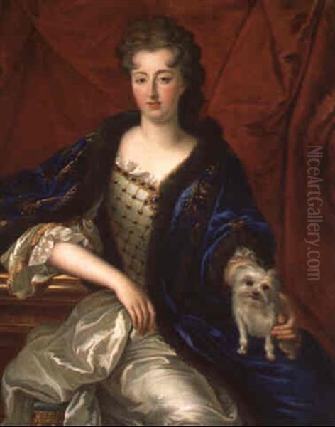 Portrait De Jeune Femme Au Manteau Bleu Avec Son Chien Oil Painting by Alexis-Simon Belle