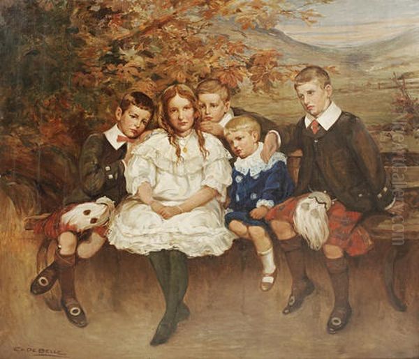 Portrait Of Marshall, Mary, Robert, Samuel And Alexander Liddell, The Children Of Mr And Mrs A.j. Liddell Of Pollokshields, Glasgow Oil Painting by Charles Ernest de Belle