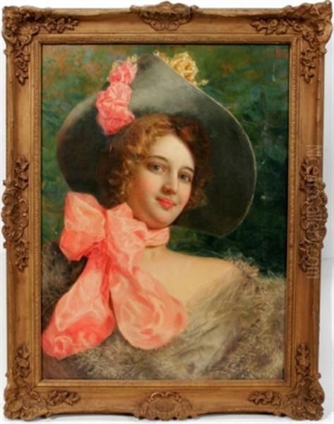 Portrait Of A Lady In A Flowered Hat Oil Painting by Gaetano Bellei