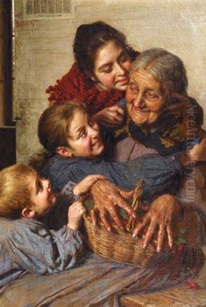 Grand-mere Et Ses Petits-enfants Au Panier De Cerises Oil Painting by Gaetano Bellei