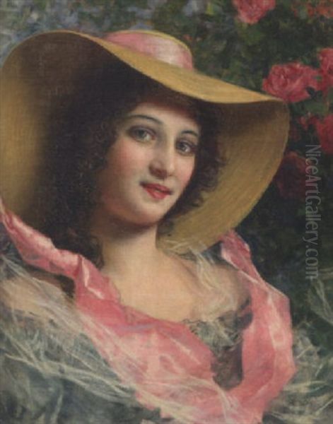 Study Of A Lady In A Pink-brimmed Hat Oil Painting by Gaetano Bellei