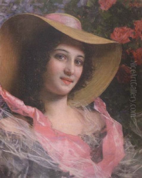 Maiden In A Pink Ribboned Hat by Gaetano Bellei