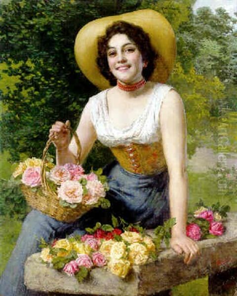 A Beauty Holding A Basket Of Roses Oil Painting by Gaetano Bellei