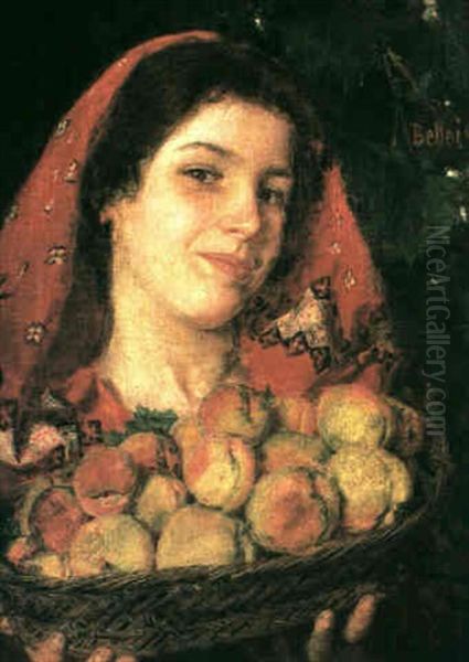 Portrait Of A Woman Holding A Basket Of Peaches Oil Painting by Gaetano Bellei