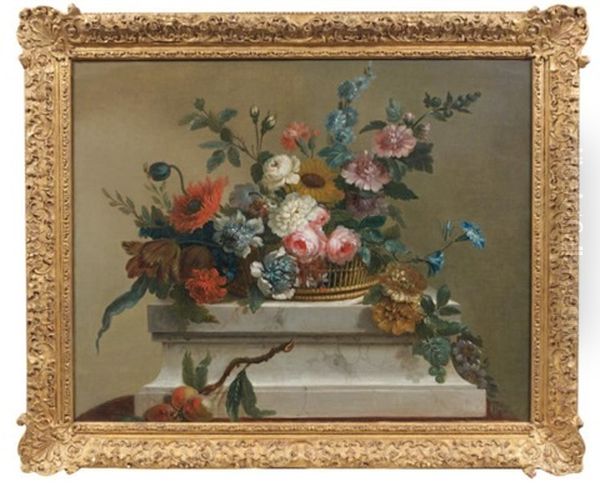 Panier De Fleurs Sur Un Socle De Pierre Oil Painting by Michel Bruno Bellenge