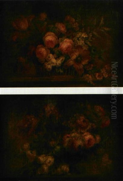 Corbeilles De Fleurs (+ Another; Pair) Oil Painting by Michel Bruno Bellenge