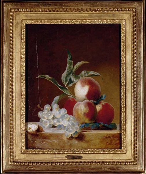 A Still Life With Peaches, Grapes And An Open Walnut On A Stone Ledge Oil Painting by Michel Bruno Bellenge