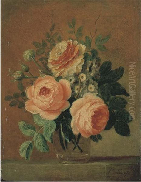 Bouquet De Roses Dans Un Vase En Verre Oil Painting by Michel Bruno Bellenge