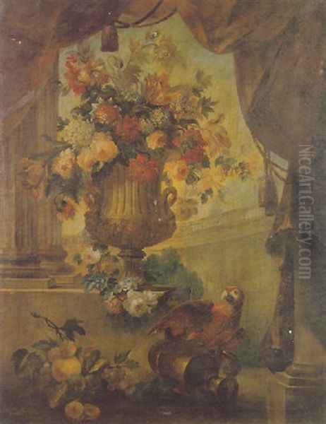 A Still Life Of Roses, Orange Blossom, Honeysuckle, Tulips And Other Flowers In A Stone Vase Oil Painting by Michel Bruno Bellenge