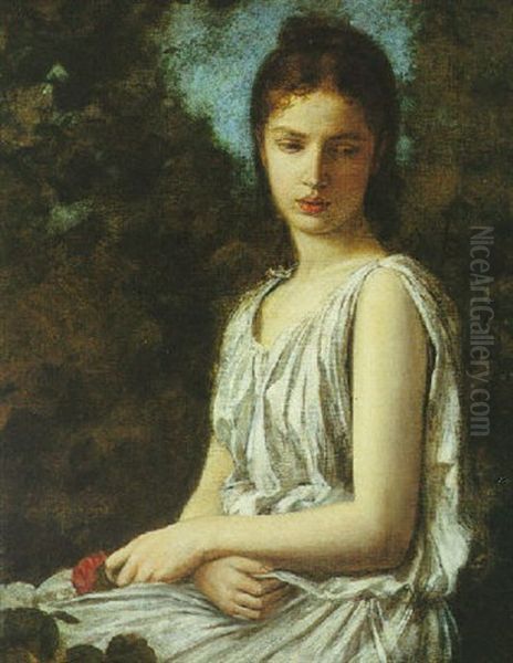 A Young Woman In Classical Dress Holding A Red Rose Oil Painting by Georges Bellenger