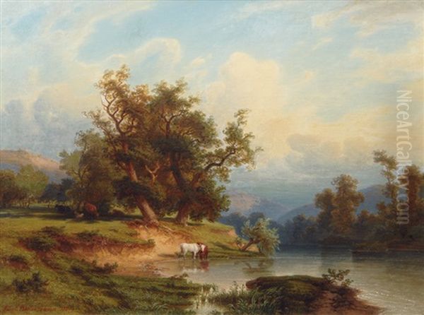 River Valley With Cattle Under Old Oaks Oil Painting by Ferdinand Bellermann