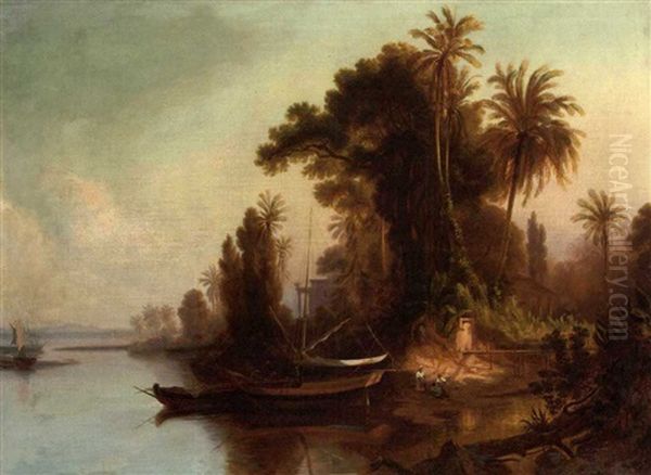 Sunset On A Lagoon On The Coast Of Venezuela Oil Painting by Ferdinand Bellermann