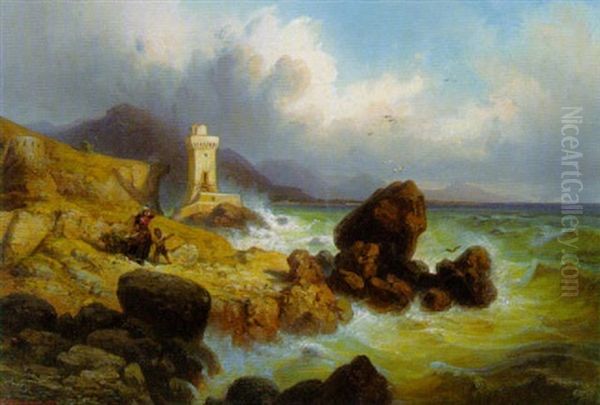 Italienische Kustenlandschaft Mit Leuchtturm Bei Aufziehendem Unwetter Oil Painting by Ferdinand Bellermann