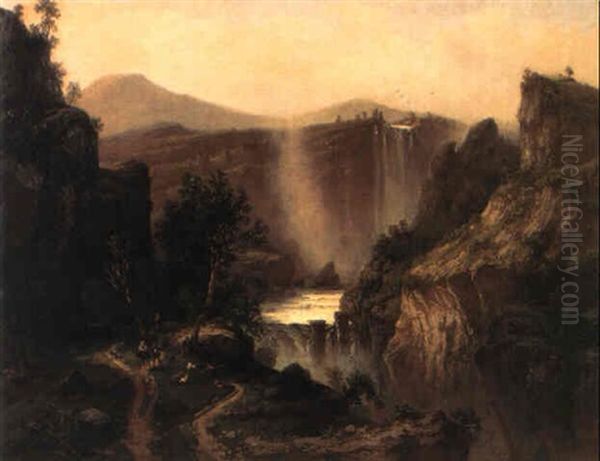 Extensive Landscape With A Waterfall And Peasants With Goats Oil Painting by Ferdinand Bellermann