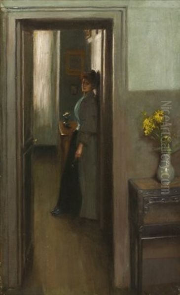 A Woman Standing In A Doorway Of An Interior Oil Painting by Albert De Belleroche