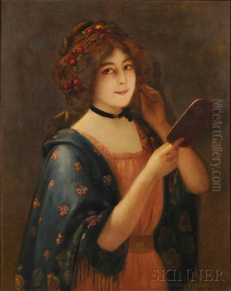 Young Beauty Holding A Mirror Oil Painting by Auguste Emile Bellet