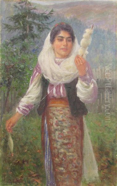 Peasant With Distaff Oil Painting by Pierre Bellet