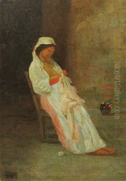 Woman Sewing Oil Painting by Pierre Bellet